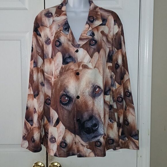 Dog Face Dog print button down long sleeve top Sz L NWOT - Picture 1 of 5